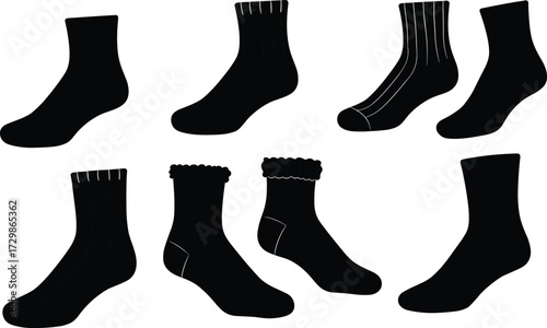 Black sock silhouettes collection, fashion hosiery set, clothing accessory design, textile pattern elements, footwear illustration, apparel template, retail catalog style
