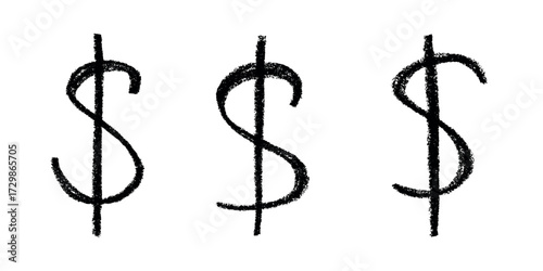 Set of hand drawn dollar currency symbol. Brush stroke doodle. Single element for design