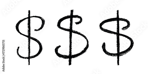 Set of hand drawn dollar currency symbol. Brush stroke doodle. Single element for design