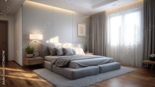 A stylish bedroom featuring a fabric-upholstered platform bed, neutral color palette, wooden flooring, and soft lighting creating a serene modern retreat