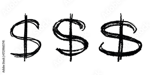 Set of hand drawn dollar currency symbol. Brush stroke doodle. Single element for design
