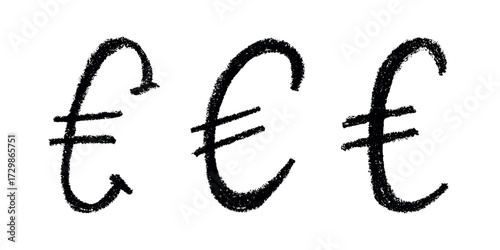 Set of hand drawn euro currency symbol. Brush stroke doodle. Single element for design