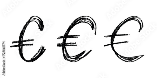 Set of hand drawn euro currency symbol. Brush stroke doodle. Single element for design