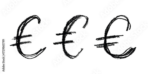 Set of hand drawn euro currency symbol. Brush stroke doodle. Single element for design