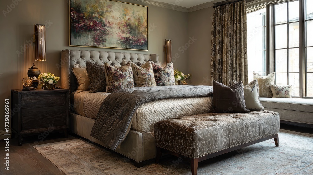 Obraz premium Elegant bedroom showcasing a fabric-upholstered platform bed, matching bench, decorative pillows, and ambient lighting for a luxe feel