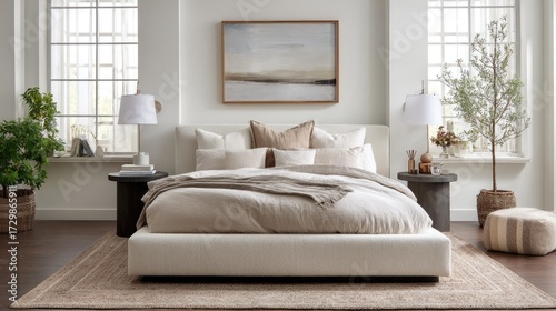 Contemporary design featuring a fabric-upholstered platform bed, modern side lamps, neutral bedding, and minimalistic decor
