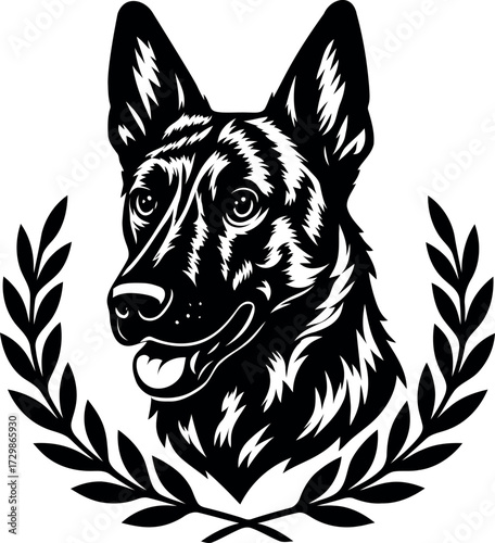 Dutch Shepherd Dog Head in Laurel Wreath Silhouette