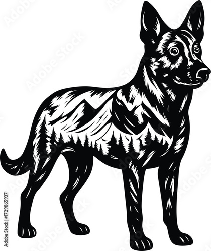 Dutch Shepherd Dog with Mountain Landscape Silhouette Adventure and Nature Themed Illustration