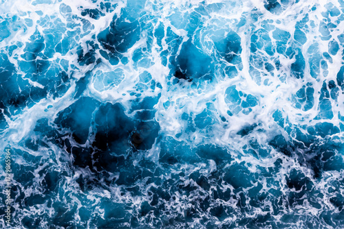 Ocean surface background. Top view of stylish foamy water. Can be used in covers, packaging, posters, textures, brochures, art and design projects. Vibrant vector illustration.