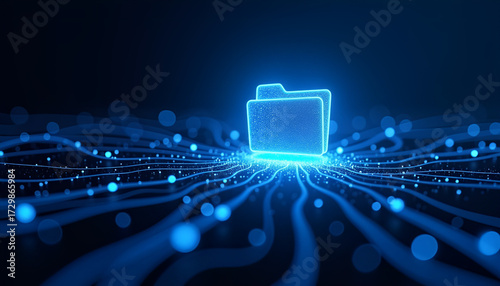 Digital Data Folder Icon with Futuristic Circuit Lines on Blue Background