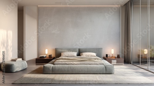 Sleek minimalist bedroom with fabric-upholstered platform bed, neutral rugs, wall sconces, and an uncluttered aesthetic