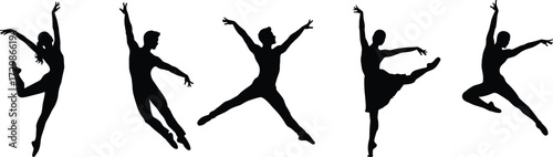Ballet dancer silhouettes, graceful female figures, elegant dance poses, classical ballet performance, artistic movement, expressive choreography, stage art, body posture, motion study, illustration