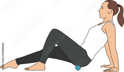 Massage Ball Exercise Series – Woman Using Massage Ball on Hamstrings and Glutes Illustration