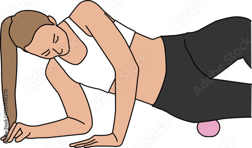 Massage Ball Exercise Series – Woman Using Massage Ball on Side Hip Muscles Illustration