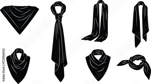 Scarf silhouette, bandana style, neckwear fashion, vector illustration, accessory design, clothing detail, trendy outfit, fabric wrap, style guide, elegance
