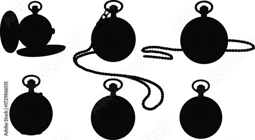 Vintage pocket watch silhouettes, antique timepiece icons, retro clock vector set, classic horology design, chain accessory illustration, collectible style
