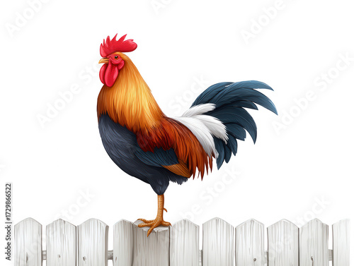 A colorful rooster perches confidently on a white picket fence, showcasing its vibrant plumage and distinctive features.
