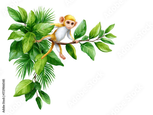 A playful monkey clings to a leafy branch, showcasing its curious expression and vibrant fur.