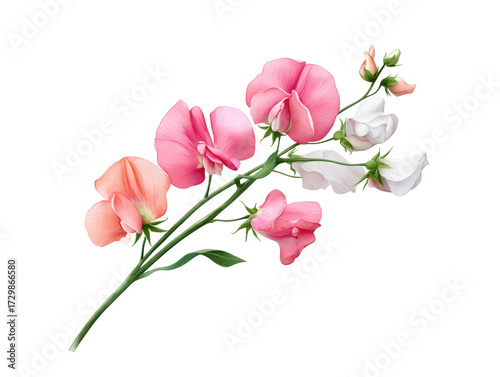 A delicate branch featuring a variety of pink and white sweet peas in full bloom, showcasing their vibrant petals and lush green foliage.