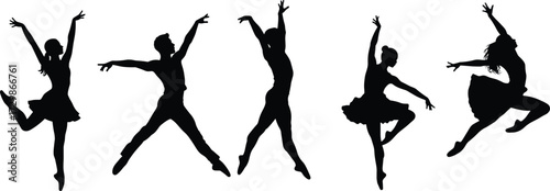 Ballet silhouette dancers, graceful female figures, elegant dance poses, classical ballet performance