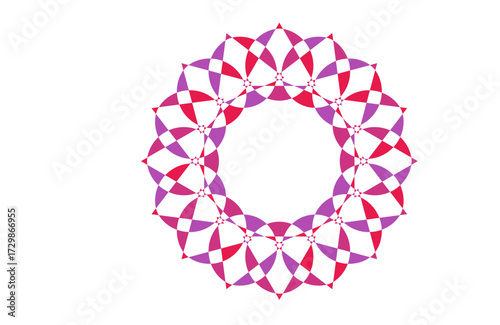 Elegant geometric floral mandala in red and violet with petal symmetry, ornamental abstract sacred geometry art for posters, meditation, yoga backgrounds, and digital decorative patterns