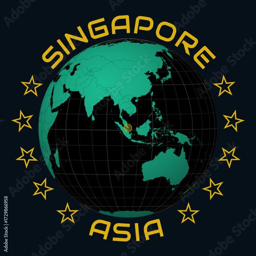 Republic of Singapore on Globe. Round country and continent name text. Country view on world map in Black Emerald color palette. Singapore shape on map. Creative vector illustration.