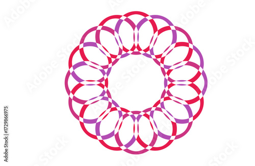 Hypnotic Intricate circular abstract mandala with repeating red and purple loops, ornamental symmetry for posters, meditation art, yoga decor, Cricut laser cut templates, and decorative digital design