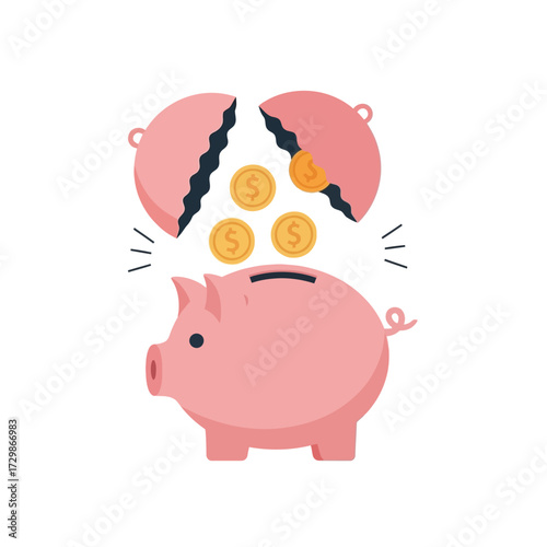 A pink piggy bank is broken open with gold coins falling into the slot on its back.