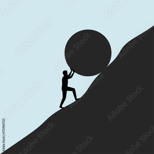 A determined silhouette pushes a massive round boulder up a steep, challenging black hill against a light blue sky.