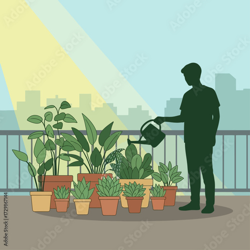 A silhouetted person waters potted plants on a balcony with a cityscape backdrop under a bright, sunny sky.