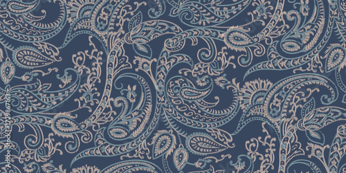 embroidery paisley seamless pattern on navy background