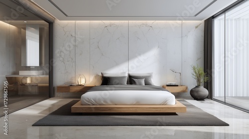 Serene Bedroom Interior Design: A contemporary bedroom showcases a minimalist design with a comfortable bed, subtle lighting, and a blend of natural materials, creating a tranquil retreat.