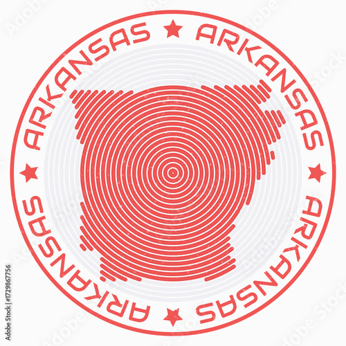 Arkansas map with round title. State shape rings. Arkansas text around the state boundary shape. Elegant vector illustration.