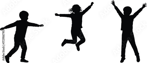 Children silhouettes playing, jumping, celebrating, freedom, joy, childhood activity, happy kids, energetic movement, fun outdoors, playful lifestyle, teamwork, carefree childhood moments