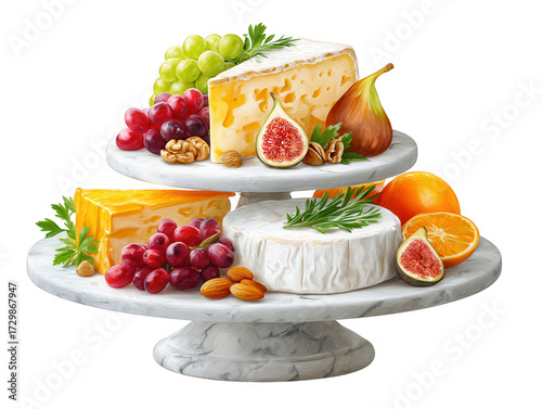 A beautifully arranged cheese platter featuring various cheeses, fresh fruits, nuts, and herbs on an elegant stand.