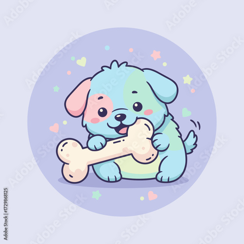 Cute cartoon puppy holding a bone while looking playful and happy  