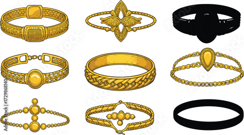 Gold bracelets collection, luxury jewelry design, ornate fashion accessories, traditional craftsmanship, gemstone inspired bangles, elegant cultural ornaments,