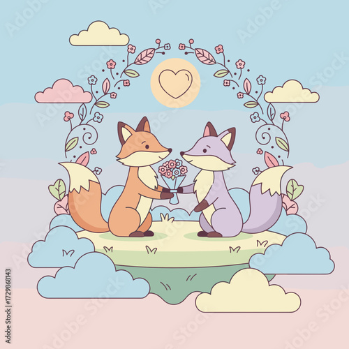 Two cartoon foxes holding flowers together in a whimsical landscape  