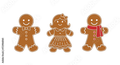 Three cheerful gingerbread cookies, two boys and one girl, decorated with icing.