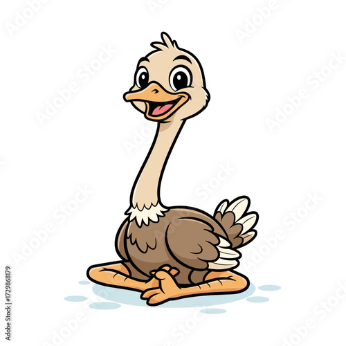 Cartoon ostrich sitting and smiling on white background  