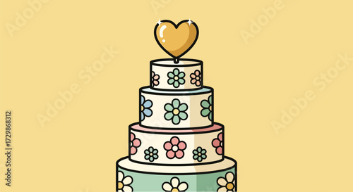 Elegant Wedding Cake with Floral Decorations and Heart Topper.