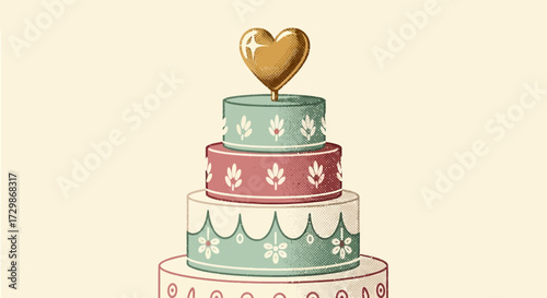 Elegant Tiered Cake with Golden Heart Topper for Celebrations.
