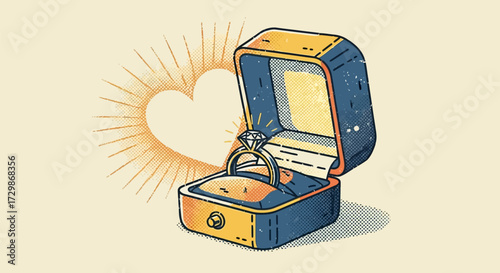 Engagement Ring in Box with Heart Radiating Love and Commitment.