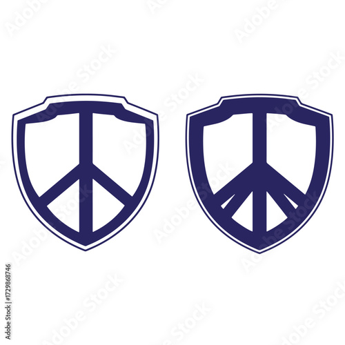 Two vector peace symbol shields in dark blue against a white background