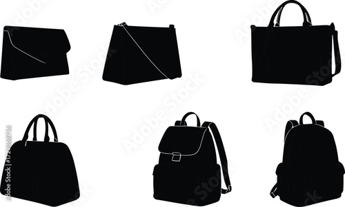 Silhouette collection of fashion bags, handbags, tote, clutch, duffel, backpack, crossbody, isolated icons, vector design, stylish accessories illustration