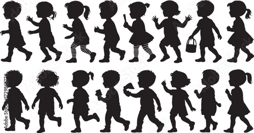 Vector Silhouette of Happy Children Walking and Playing, Kids Activity, Playful Childhood Moments