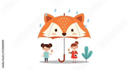 Cute fox umbrella protecting two little girls from rain.