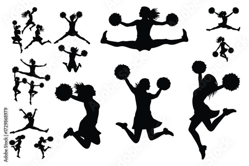 Black silhouettes of cheerleaders jumping with pom poms