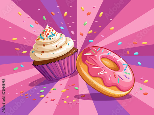Crisp Bold Donut And Cupcake Explosion Radiant Gradie High-Quality Stock Image