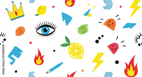 Colorful eye crown lemon fire and other objects pattern on white background.